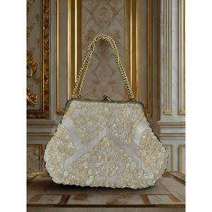 Women's White and Cream Beaded and sequins Evening Bag with gold chain strap